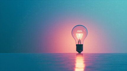 Horizontal image of light bulb on blue background with free space for text