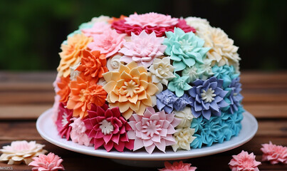 Obraz na płótnie Canvas Rainbow cake decorated with paper flowers on a white plate on a wooden table