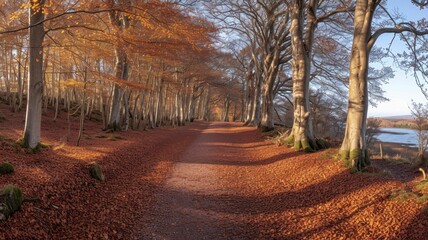 path lined with trees, their leaves in shades of amber and crimson, is a crisp morning sight to behold