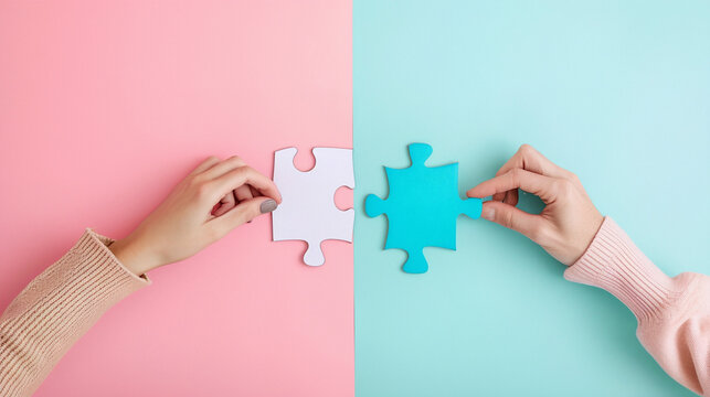 Horizontal image of two women's hands and puzzle on pink and blue background. For lnkedin, banner, design, card, poster, slide, presentation - Powered by Adobe