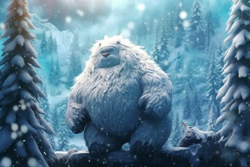 Breathtaking aerial view of tranquil snowy forest with glowing snowflakes and friendly yeti creatures during serene hours. Generative AI