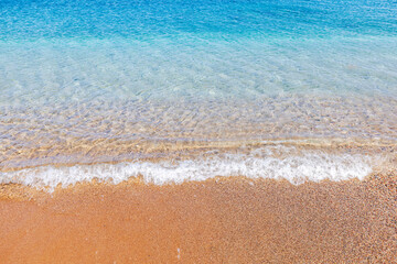 Beautiful view of sandy beach of Aegean Sea on island of Rhodes.
