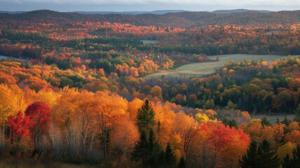 Fototapeta premium sunbeams dance through the trees, casting a warm glow on the forest's vibrant autumnal display
