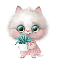Cute cartoon white kitten in pink dress with a succulent in pot