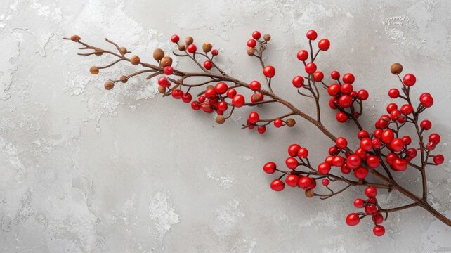 minimalist fall vignette is created by placing a branch of red berries on a light gray background