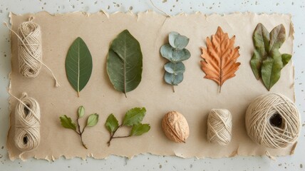 Simple autumn craft project: Arrange leaves and twine neatly on plain, textured paper for a minimalist aesthetic