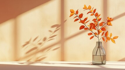 minimalist scene with a glass vase holding a single branch of autumn foliage, set against a plain, brightly lit wall