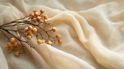 Dried autumn berries, huddled together on neutral cloth, whisper of textures and faded hues