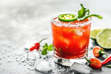 Spicy vodka cocktail tomato juice jalapeno pepper ice lime salt white background hard light negative space