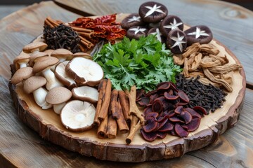 Fototapeta premium Table with various herbs Ganoderma lucidum cinnamon ginseng cordyceps and mushrooms