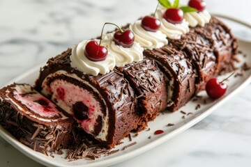 Swiss roll filled with cherry and whipped cream with black forest chocolate