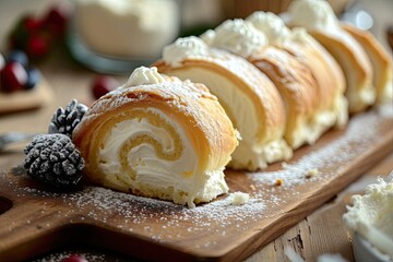 Sweet cream roll slices on a board