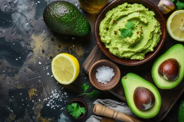 Top view of guacamole ingredients on a cutting board
