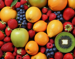 Naklejka na ściany i meble Mix of bright various fruits. view from above.