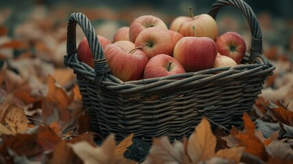 woven basket filled with freshly picked apples, surrounded by fallen leaves in soft, natural light