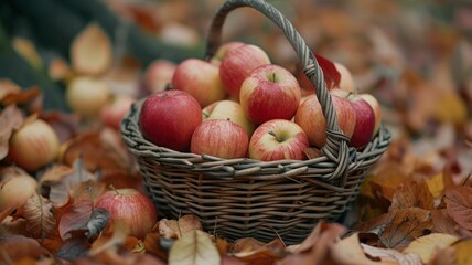 Naklejka na ściany i meble rustic basket overflows with crisp, hand-picked apples, nestled among fallen leaves bathed in soft, natural light