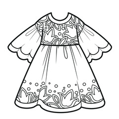 Beautiful casual dress with floral ornament outline for coloring on a white background