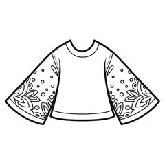 Elegant blouse with ornaments on wide sleeves outline for coloring on a white background