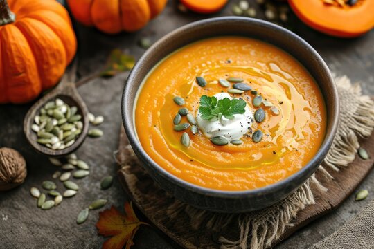 Top view of homemade autumn pumpkin and carrot soup with cream and seeds on rustic background depicted in close up