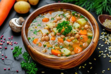 Vegan homemade barley soup with assorted vegetables in a wooden bowl on a black background - obrazy, fototapety, plakaty