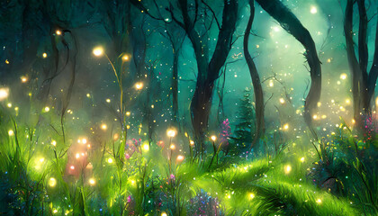 Magical dark fairy tale forest at night with glowing lights and fog und flying particles - Powered by Adobe