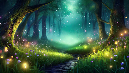 Magical dark fairy tale forest at night with glowing lights and fog und flying particles