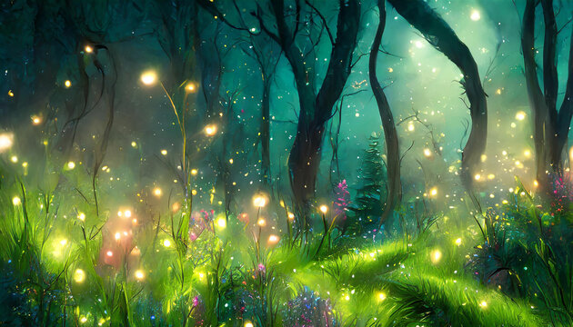 Magical dark fairy tale forest at night with glowing lights and fog und flying particles