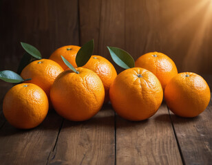 Fresh oranges with green leaves on a wooden table