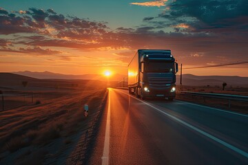 Fototapeta na wymiar Truck driving into sunset