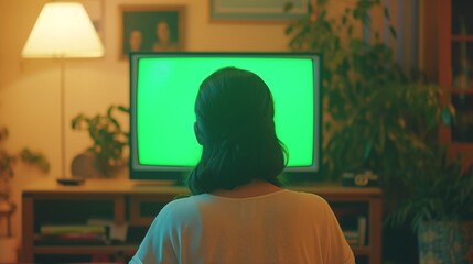 Person looking at a green screen technology, phone and TV