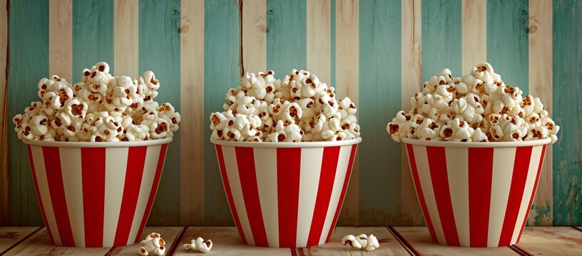 Indulge in the savory crunch of freshly popped kettle corn with a group of charming red and white striped buckets, perfect for snacking indoors or on the go