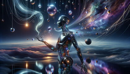 Futuristic humanoid robot surrounded by surreal digital elements.