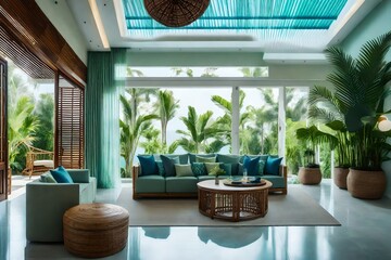 The airy foyer of a tropical villa with bamboo furniture, a palm-frond ceiling fan, and a soothing palette of blues and greens - obrazy, fototapety, plakaty