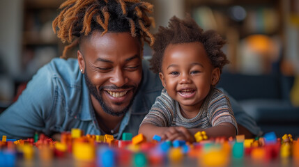 Happy black father enjoying playtime with adorable baby son, lying on floor at home