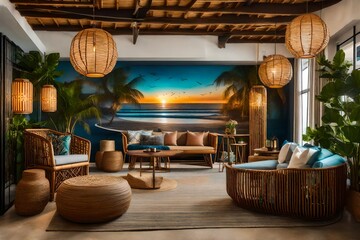 An eclectic beachfront entry with a mix of rattan furniture, hanging lanterns, and a surf-inspired mural
