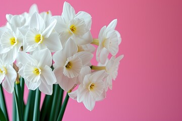 Fototapeta na wymiar White narcissus bouquet on pink background banner