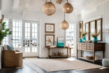 An elegant coastal entry with a shell-inspired pendant light, shiplap walls, and a curated display of vintage beach finds