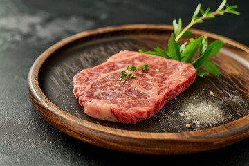 Fototapeta premium A wooden plate holds A5 Wagyu Japanese beef