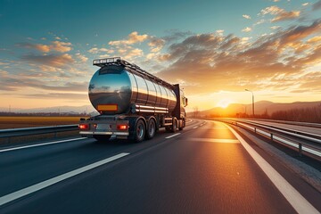 A sunset lit countryside road with a moving large fuel tanker truck - obrazy, fototapety, plakaty