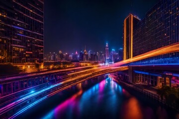 Fototapeta na wymiar Create a dynamic city nightscape ablaze with a neon explosion, where futuristic architecture pulses with vibrant, electrifying hues