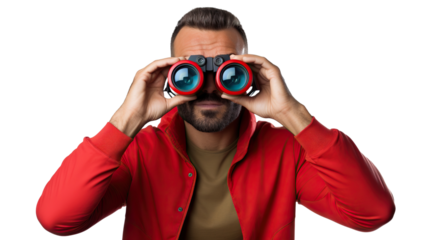Surprised guy looking through binoculars, cut out