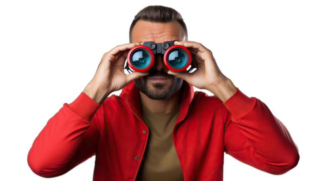 Surprised guy looking through binoculars, cut out