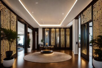 The foyer of an intelligent residence featuring a facial recognition entry system, automated curtains, and a personalized virtual assistant