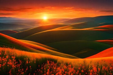 Generate a digital dreamscape where the sun sets over rolling hills, casting a warm and enchanting glow upon a landscape painted in primary hues