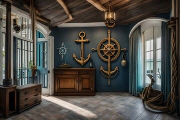 An entry hall of a seaside villa with nautical rope accents, a weathered anchor centerpiece, and a vintage compass on the wall