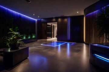 The entrance of a high-tech residence featuring a responsive floor lighting system, smart plant care, and a voice-activated home theater setup