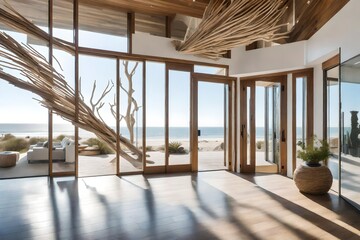 An airy beach house entrance with floor-to-ceiling windows, a suspended driftwood sculpture, and a neutral color palette