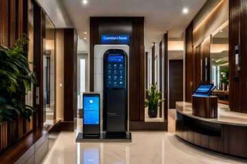 A contemporary smart home foyer with a touchless entry system, robotic vacuum docking station, and an interactive information kiosk