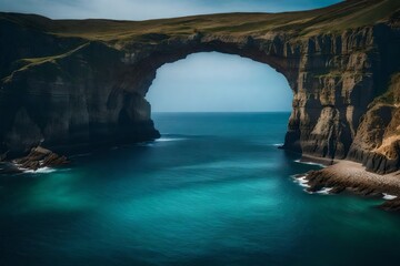 Craft a picturesque maritime entrance, where grand arches mirror the curvature of distant cliffs, creating a seamless fusion of land and sea