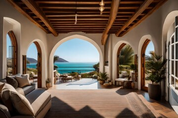 Design a tranquil coastal retreat where arched pathways lead to grand doorways, opening to panoramic views of the serene seascape beyond